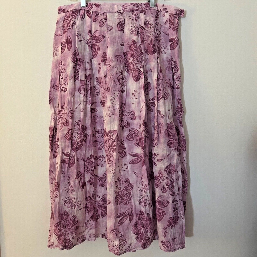 J.‎ Jill-Purple Floral 100% Linen Midi Skirt-12-Lined-Pleated-Fairy-Lagenlook